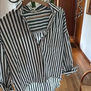 Reformation striped button down in dark green and white